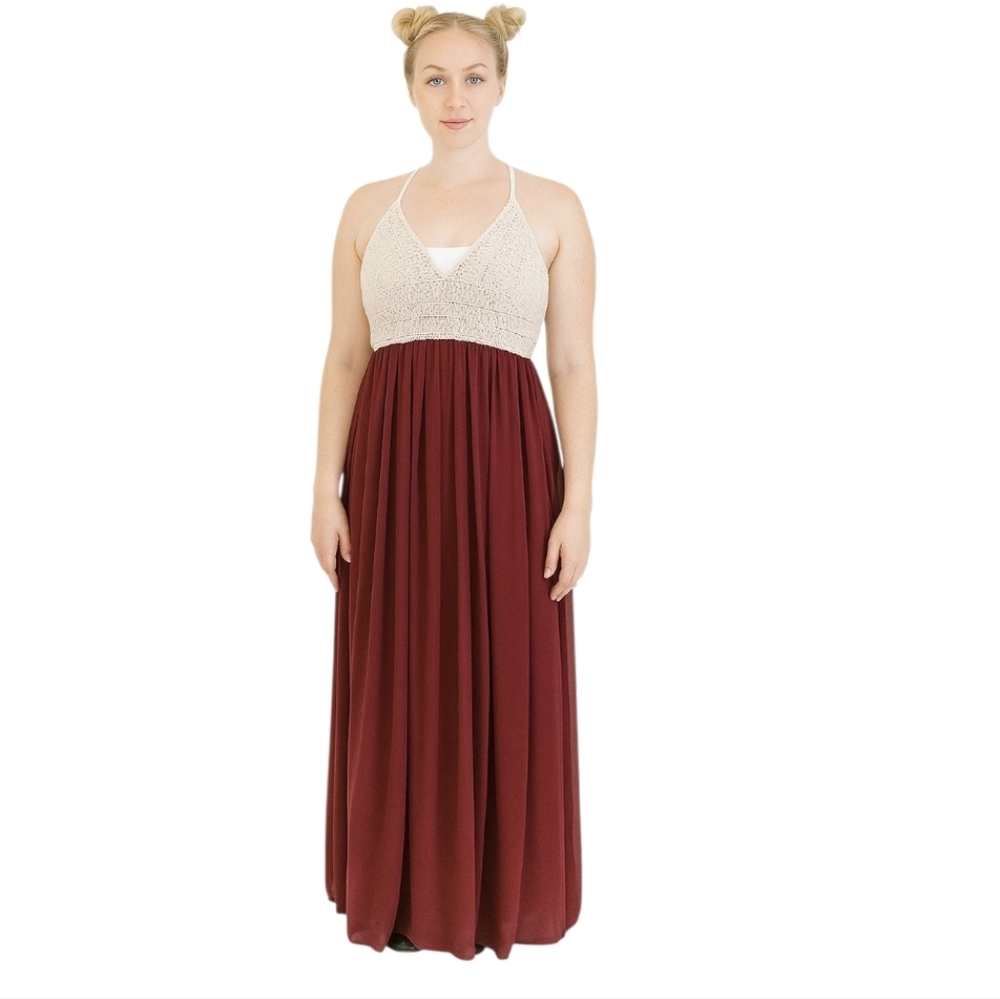 TLC Say Yes to the Prom Beaded Bodice Chiffon Gown Wine Beige